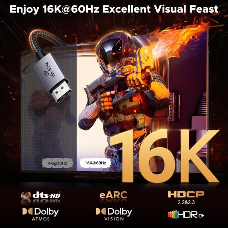 DisplayPort 2.1-kabel, 8K 60Hz HDR-video støtte