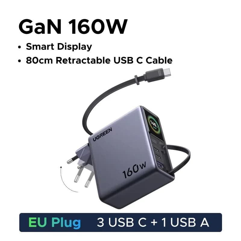 160W GaN Lader med Inntrukket Kabel og Display