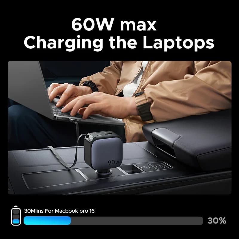 145W USB-C bilader med inntrukket kabel