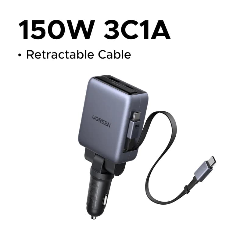 150W bil-lader med trekkbare kabler