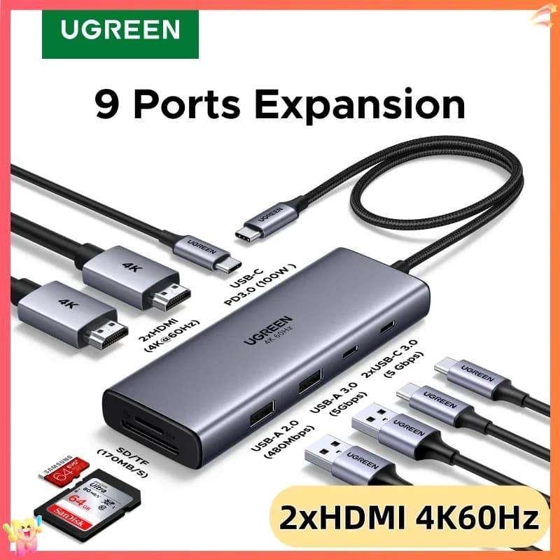9-i-1 USB-C hub med dual 4K HDMI og PD100W