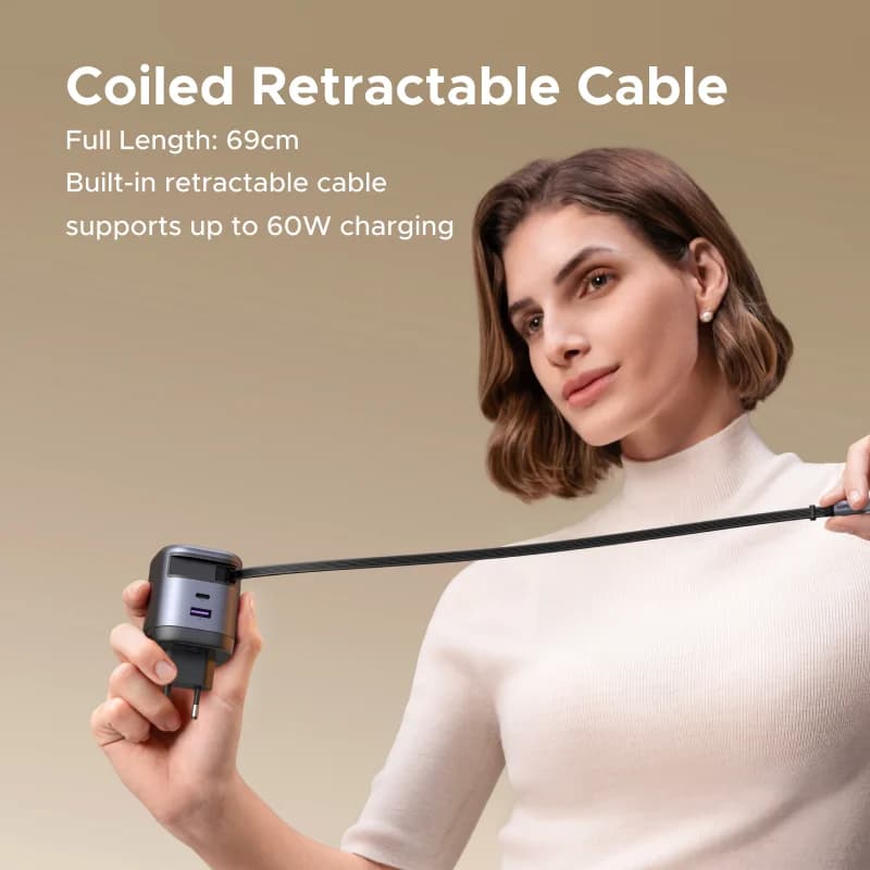 65W GaN-lader med inntrekkbar USB-C-kabel