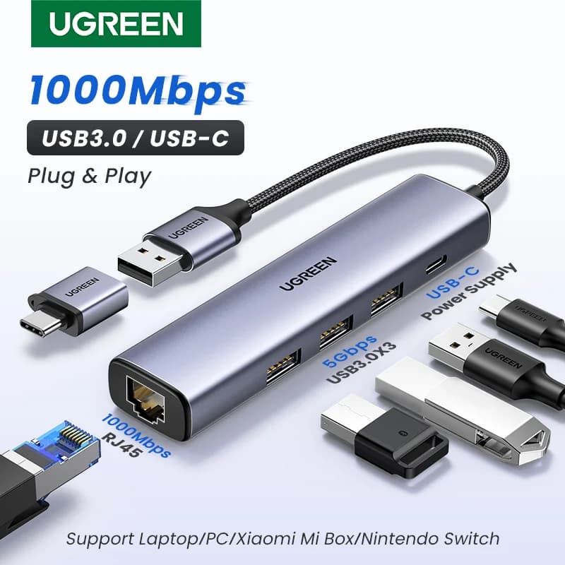 USB-C Ethernet-adapter med 1000Mbps RJ45 og USB-hub