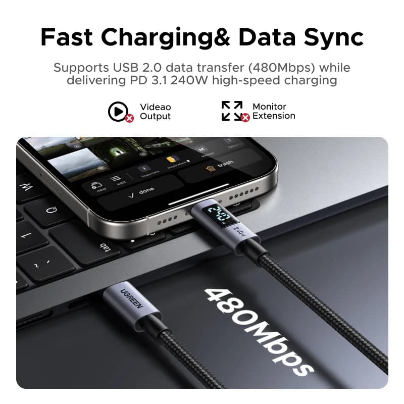 240W USB-C-kabel med digital effektvisning