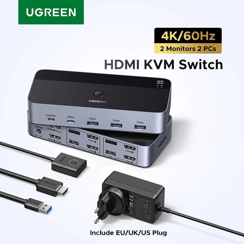 Dual-skjerm KVM-bryter med HDMI og USB-C