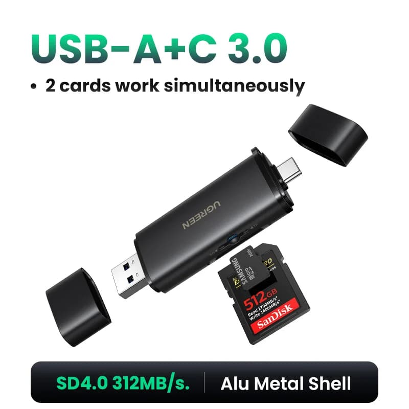 USB-C SD- og MicroSD-kortleser, 312MB/s hastighet