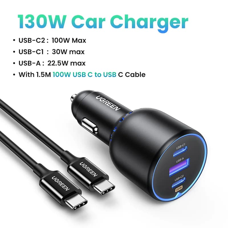 130W dobbel USB-C bil-lader