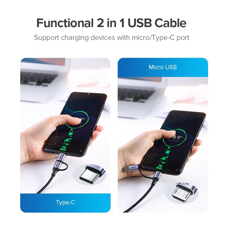 2-i-1 USB-C og Micro USB hurtigladekabel