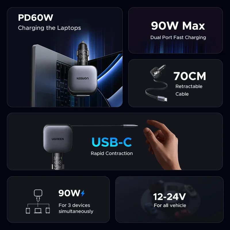 145W USB-C bilader med inntrukket kabel
