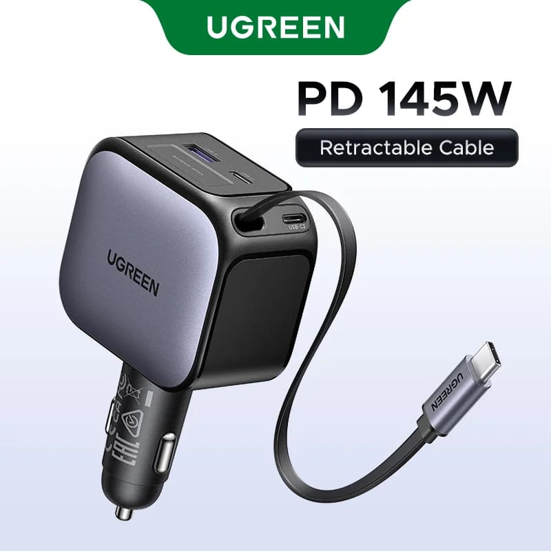145W bil-lader med 3 USB-C-porter og trekkbar kabel