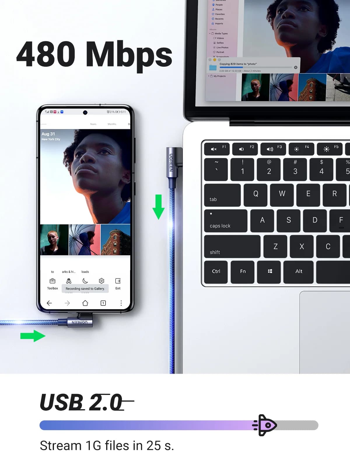 Nylon USB-C til USB-C kabel med 90 graders vinkel