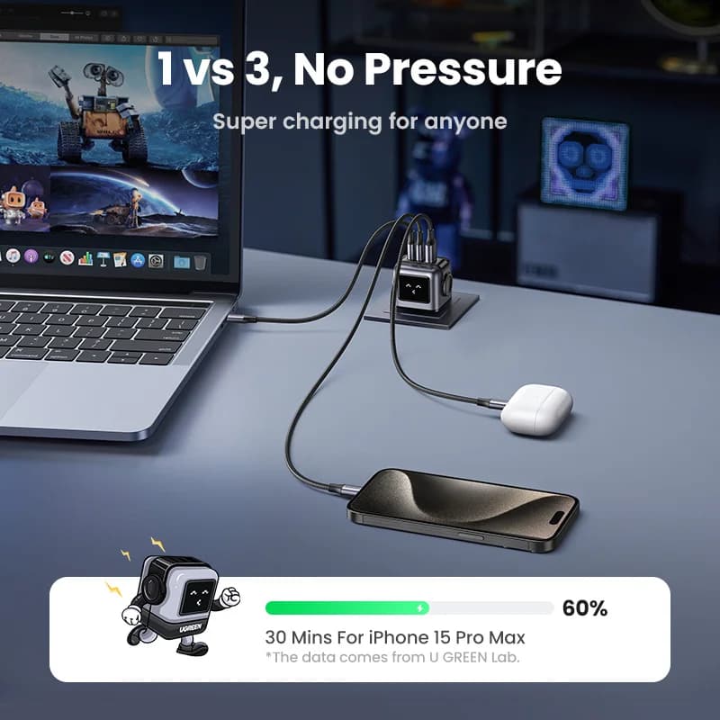 65W GaN USB-C hurtiglader med UK-plugg
