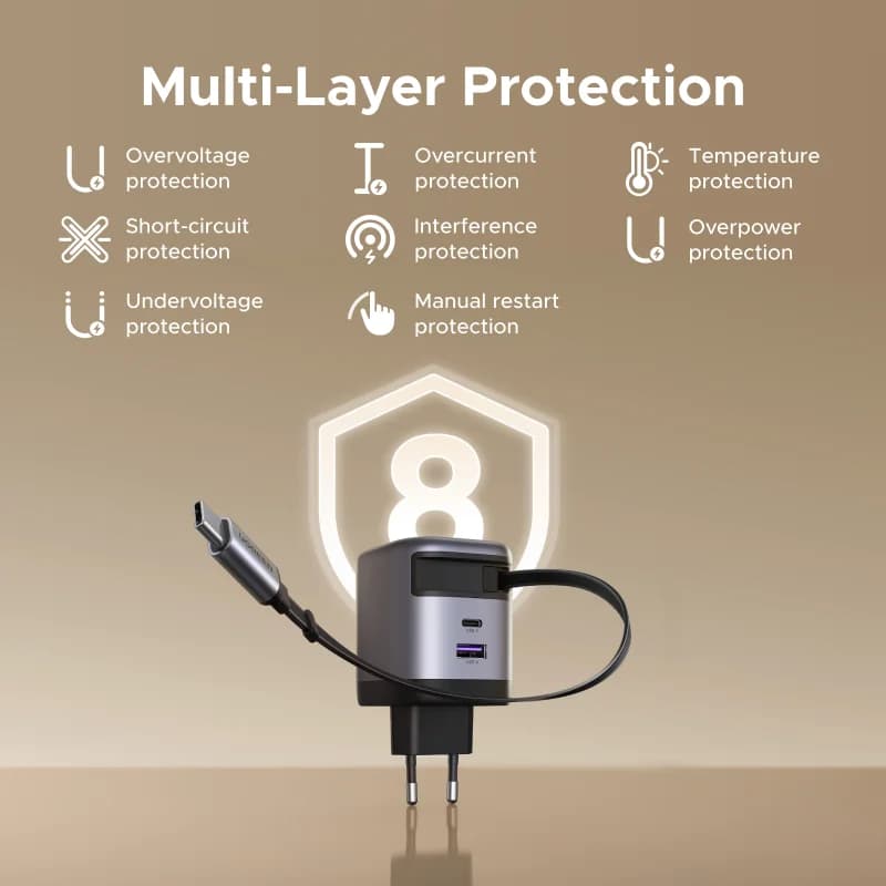 65W GaN-lader med inntrekkbar USB-C-kabel