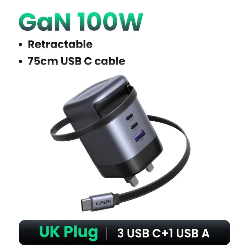 65W GaN-lader med inntrekkbar USB-C-kabel