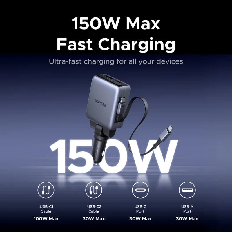 150W bil-lader med trekkbare kabler