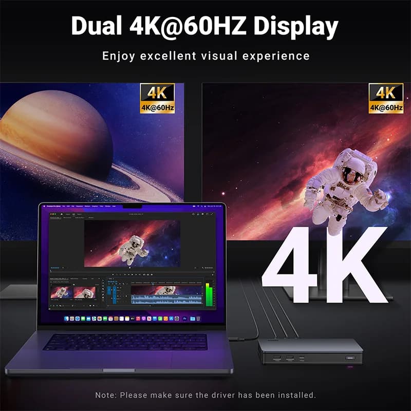 9-i-1 USB-C dokkingstasjon med tre skjermer