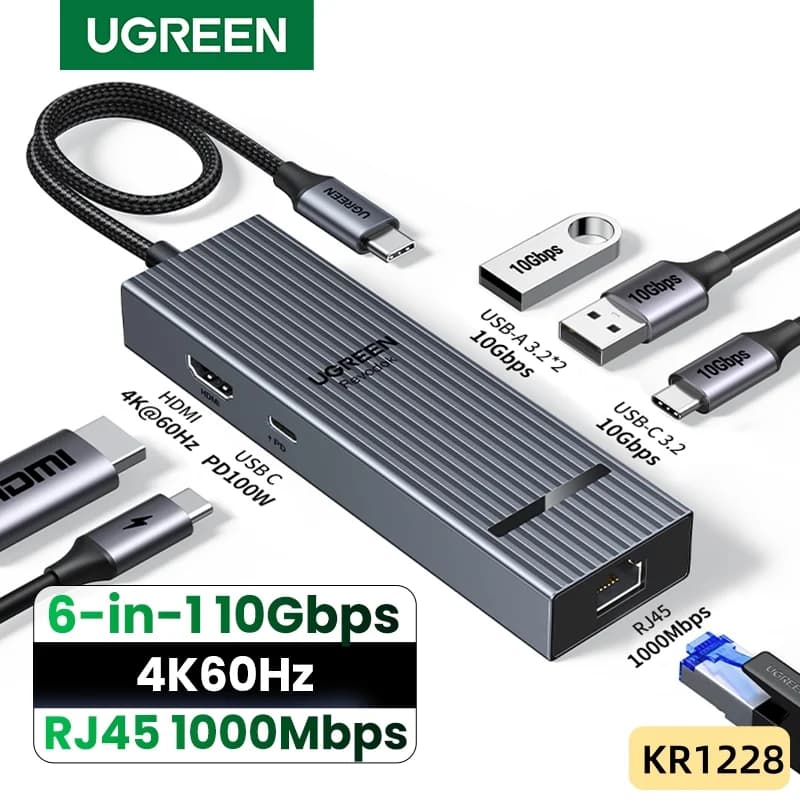 6-i-1 USB-C-hub, 4K HDMI, Gigabit Ethernet, 100W PD