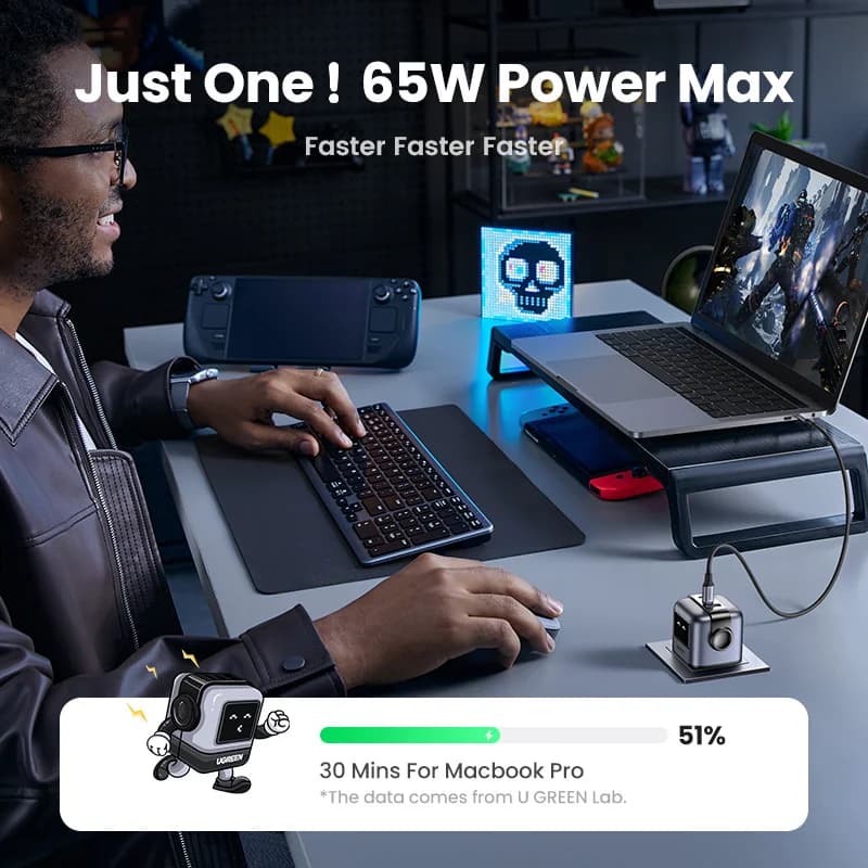 65W GaN USB-C hurtiglader med UK-plugg