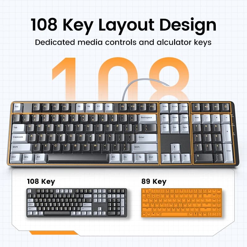108-tasters trådt mekanisk tastatur, rød bryter