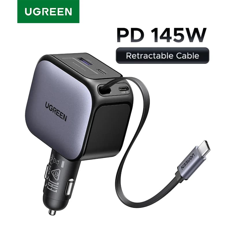 145W USB-C bilader med inntrukket kabel